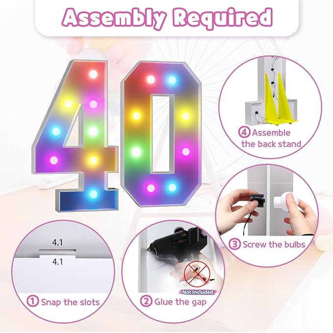 Marquee Numbers 40th Birthday Decoration: Colorful 3FT Large Light Up 40 Year Old Birthday Decorations Anniversary Backdrop Cardboard Sign 18 Colors Number 40 Mosaic Balloon Frame