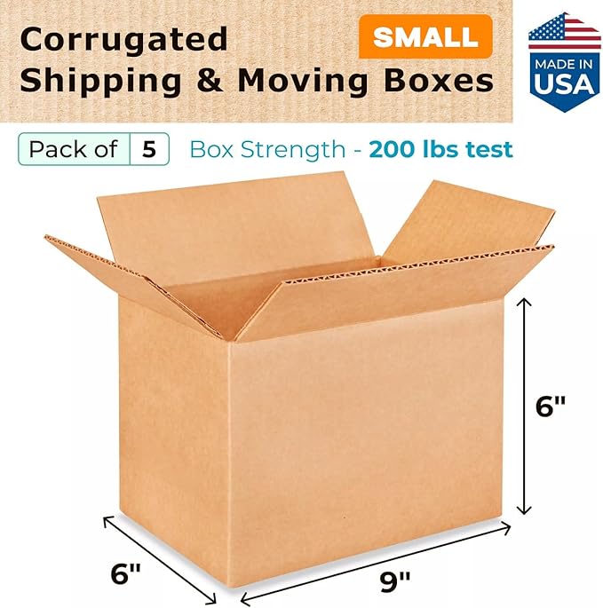 Small Moving & Shipping Boxes 9 x 6 x 6 inches (5-Pack) - Extra Strength 200 lb vs Regular - Corrugated Boxes for Packaging for USPS/UPS/FEDEX - Cardboard Box Small by IDL Packaging