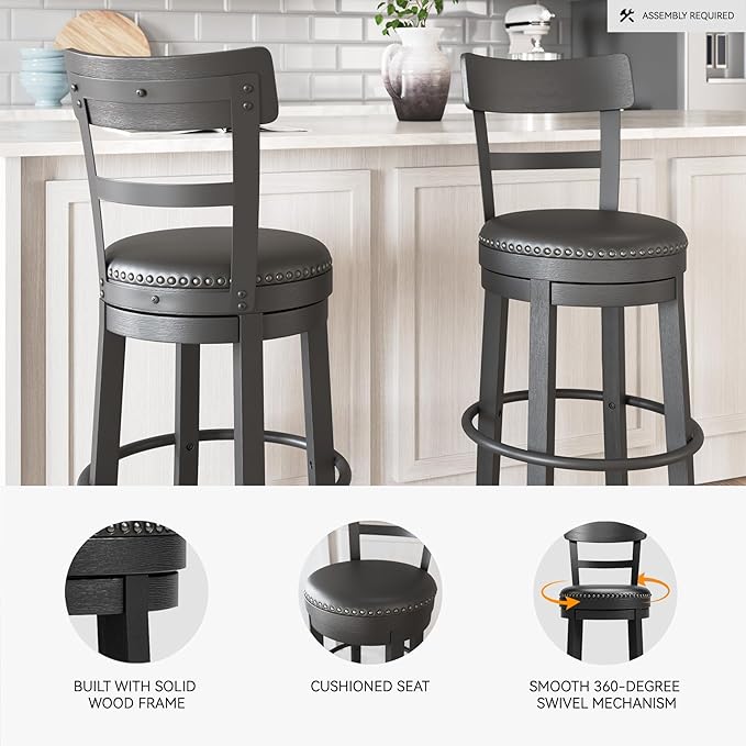 Signature Design by Ashley Valebeck Tall Upholstered Swivel Bar Stool with 360-Degree Swivel and Nailhead Trim, Faux Leather, 30" Seat Height, Black Finish