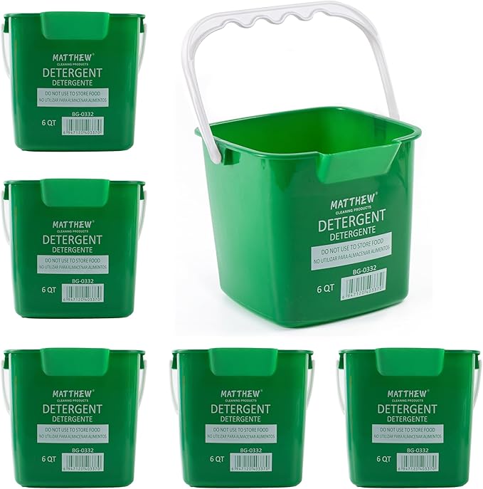 Matthew Detergent and Sanitizing Cleaning Bucket 6 Quart Plastic Pail,Set of 6 Square Containers,Built-in Spout w/Handle,Wash Rinse Sanitize Handwash Bucket for Home Office Commercial (Green)