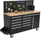 Rolling Tool Chest, 61 in Garage 10 Drawers Workbench Storage Tool Cabinet with Solid Rubber Wood Top, Power Strip, 1675 LBS Load Mobile Workstation, Heavy Duty Rolling Cabinet, Black