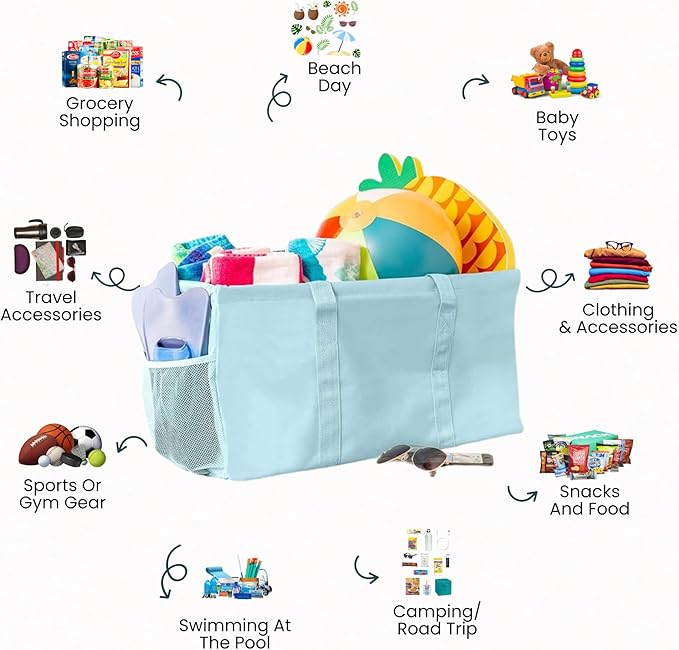 Extra Large Utility Tote Bag - Oversized Collapsible Reusable Wire Frame Rectangular Canvas Basket With Two Exterior Pockets For Beach, Pool, Laundry, Car Trunk, Storage - Light Blue