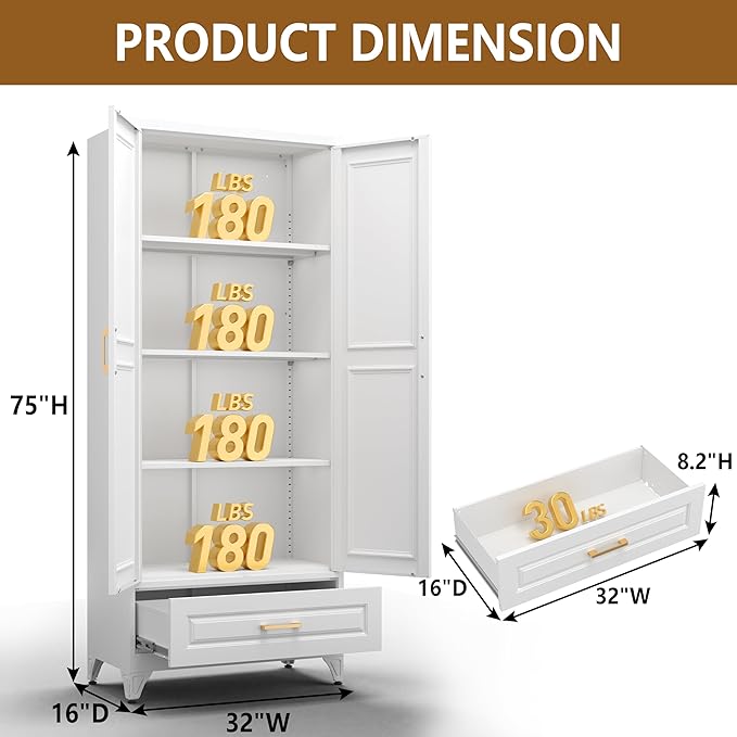 Kitchen Pantry Cabinet with Drawer, 75" Tall Pantry Cabinets for Kitchen Storage, Metal Storage Cabinets with Doors and Shelves, Freestanding Cupboards for Dining Room, White, Assembly Required