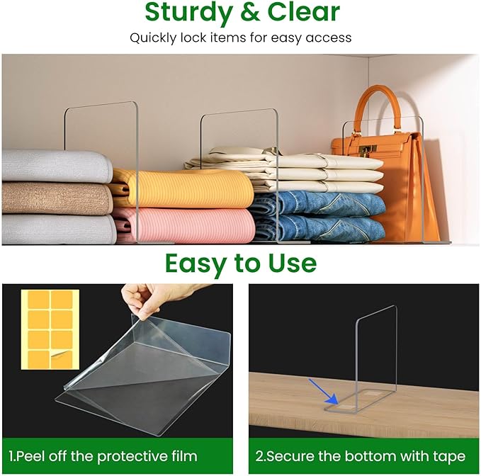 Shelf Dividers for Closet Organization: 10" Tall x 8.4" Deep Durable Clear Acrylic Divider Organizer for Shelves - 12 Pack Adjustable Shelving Separators for Clothing Purse
