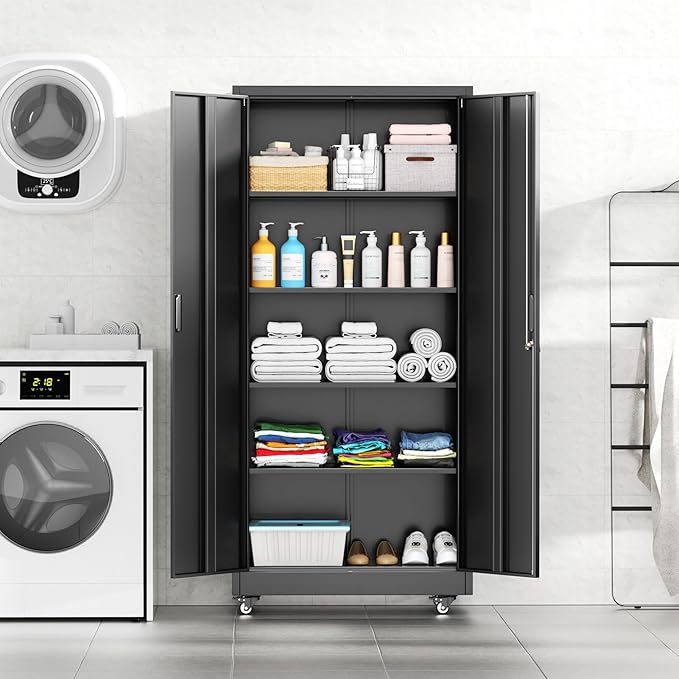 INTERGREAT Metal Storage Cabinet with Wheels, 72" Garage Storage Cabinets with Door and 4 Shelves, Tool Storage Locker on Caster for Home, Office, Black