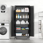 INTERGREAT Metal Storage Cabinet with Wheels, 72" Garage Storage Cabinets with Door and 4 Shelves, Tool Storage Locker on Caster for Home, Office, Black