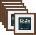 VCK 12x12 Picture Frame 5 Pack - Brown, High-End Wood Poster Frames with Tempered Glass, Display 8x8 Photo with Mat or 12x12 without Mat, Art Gallery-Quality, Wall Hanging, Brown