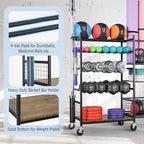 PLKOW Dumbbell Rack, Weight Rack for Dumbbells, Home Gym Storage for Dumbbells Kettlebells Yoga Mat and Balls, All in One Workout Storage with Wheels and Hooks, Powder Coated Finish Steel