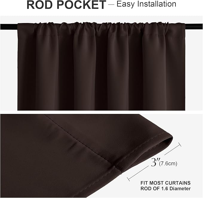 PONY DANCE Kitchen Curtain Panels - Blackout Window Drapes Room Darkening Short Curtains Home Decoration Window Coverings with Rod Pocket, W 52 x L 45 inches, Chocolate Brown, 2 PCs
