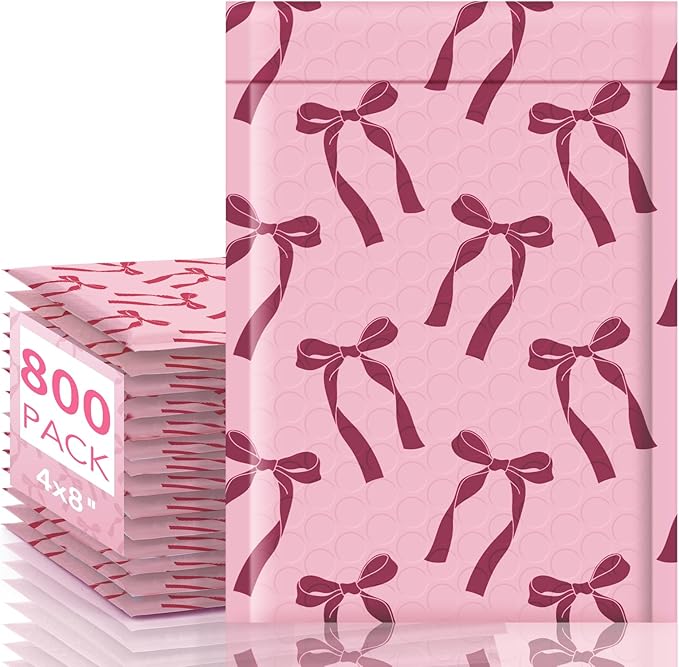 Fuxury Bubble Mailers 4x8 800 Pack, Pink Bows Cute Design Bubble Envelopes Usable Size 4x7",Strong Adhesion Pattern Padded Shipping Envelopes Thick Mailer for Mailing Jewelry, Makeup,Small items