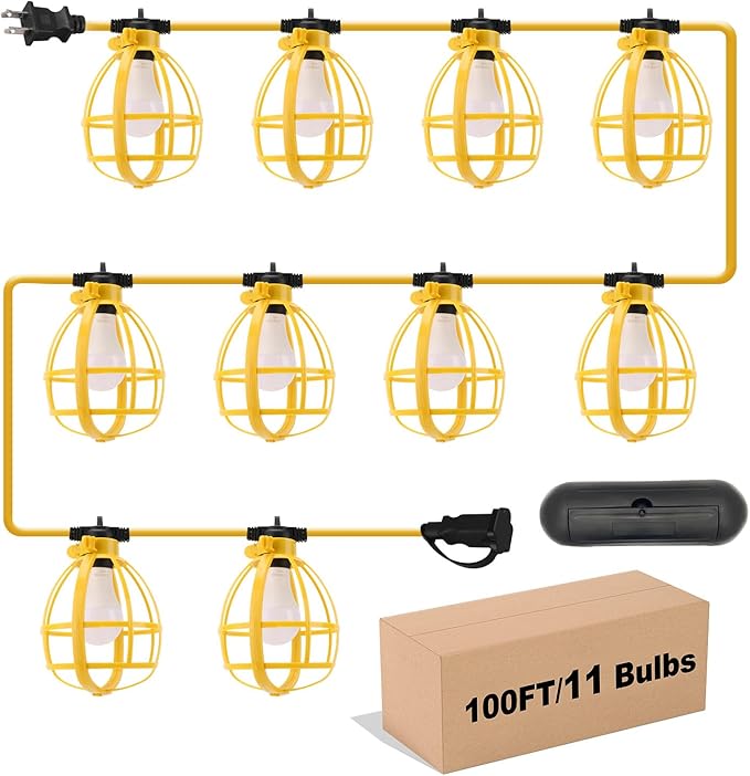 100FT Construction String Lights with Outdoor Extension Cord Safety Cover, 100W 11 Bulbs Work Lights, IP65 Waterproof, 8000LM 6500K Temporary Lighting for Workshop, Mine cave, Job Site