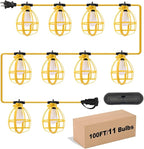 100FT Construction String Lights with Outdoor Extension Cord Safety Cover, 100W 11 Bulbs Work Lights, IP65 Waterproof, 8000LM 6500K Temporary Lighting for Workshop, Mine cave, Job Site
