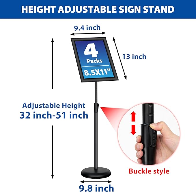 4 Pack Sign Holder Stands - 8.5 x11 inch Standing Sign Stand, Adjustable Poster Sign Holder Pedestal Floor Sign Stand, Aluminum Snap Open Frame for Vertical & Horizontal View Sign Stand, Black