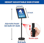 4 Pack Sign Holder Stands - 8.5 x11 inch Standing Sign Stand, Adjustable Poster Sign Holder Pedestal Floor Sign Stand, Aluminum Snap Open Frame for Vertical & Horizontal View Sign Stand, Black