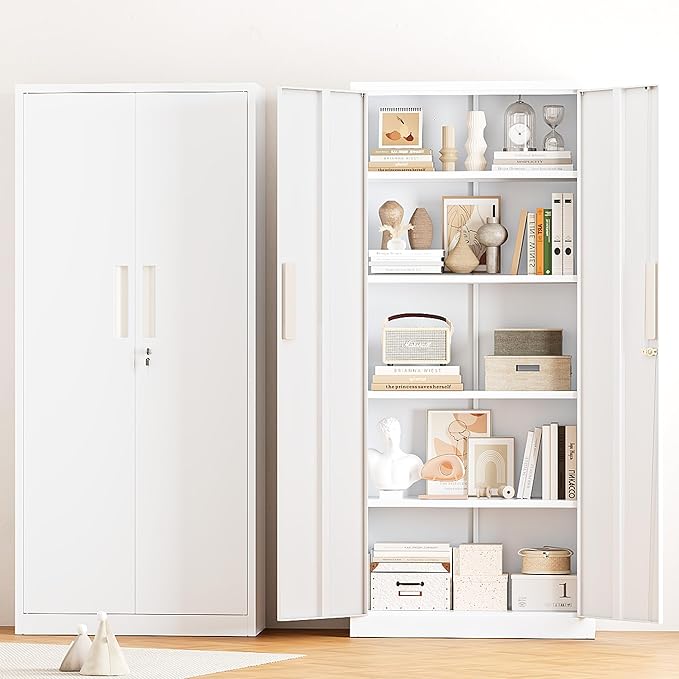 Greenvelly Metal Storage Cabinet, 63" H Locking Metal Storage Cabinet with Doors and 4 Shelves, Lockable Steel Cabinets for Kitchen, Bedroom, Living Room, Office (White)