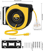 Retractable Cord Reel, 75 FT Heavy Duty Extension Cord, 14AWG/3C SJTOW, 3 Grounded Outlets Lighted Triple Tap, 10A Circuit Breaker, Wall/Ceiling Mounted, UL Listed, Yellow Y75CR06