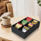 Tea Bag Box Wood Black 6 Compartments Tea Bag Organizer Drawer Storage, Large Capacity Sugar Packet Holder for Coffee Station,Sweeteners, Condiment Organizer