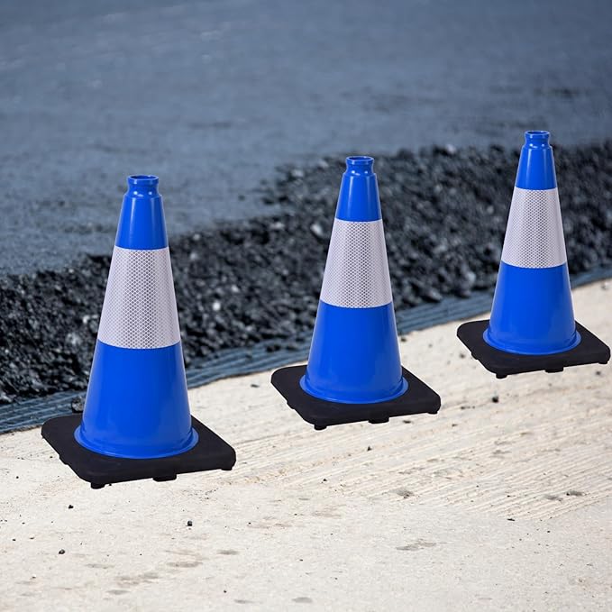 4 Pack 18 Inch Blue Safety Cones Durable with Black Base, Driveway Markers, Skating Practice, Pet Agility Training, Parking Lot Use (4, Blue, 18 Inch)