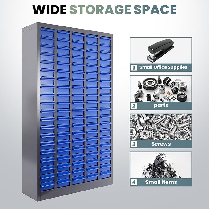 100 Drawers Nut and Bolt Organizer, 26x9x46 Stainless Steel Parts Cabinet with Shelfs & Labels Bolt Organizer for Workshop Tool & Hardware Storage and Organization (100 Drawers)