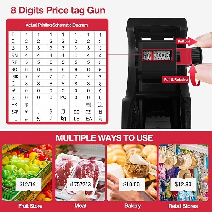 MX5500 Pricing Tag Gun with 5150 pcs Sticker Labels & Extra Inker, 8 Digits Tag Maker for Retail Shop, Grocery Store (Black)