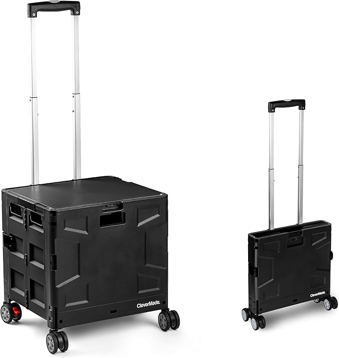 CleverMade Collapsible Wheeled Crate, 55L Capacity, 4 Double Wheels, Foldable with Lid, Black