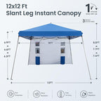 PHI VILLA Canopy with One Sidewalls,Angled Leg 12 x 12 UV Block Sun Shade Canopy Tent Gazebo for Patio Outdoor, Lightweight, Blue