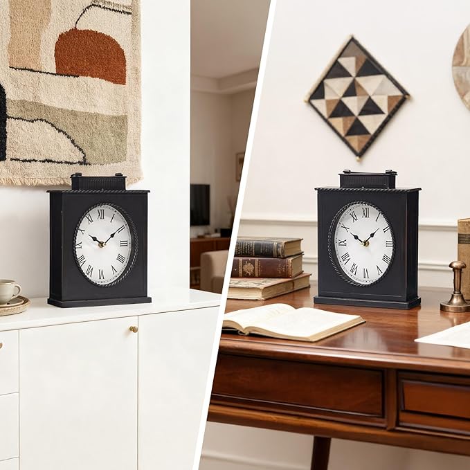 MODE HOME Vintage Mantel Clock with Distressed Finish, Antique Style Battery Operated Metal Decorative Table & Mantel Clock for Living Room Fireplace, Large Decorative Desk & Shelf Clocks for Home
