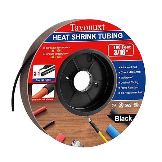 3/16" 100ft 3:1 Heat Shrink Tubing with Adhesive Lining - Marine Grade, Ideal for Home, Automotive, and Industrial Use - Black
