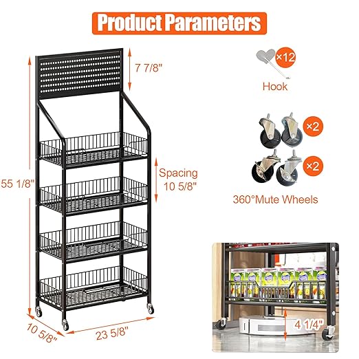 4 Tier Supermaket Snack Rack Display Stand, Free-Standing Black Retail Display Shelves with 12 Hooks & 4 Wheels, Large Metal Snack Shelf for Store Business