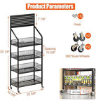 4 Tier Supermaket Snack Rack Display Stand, Free-Standing Black Retail Display Shelves with 12 Hooks & 4 Wheels, Large Metal Snack Shelf for Store Business