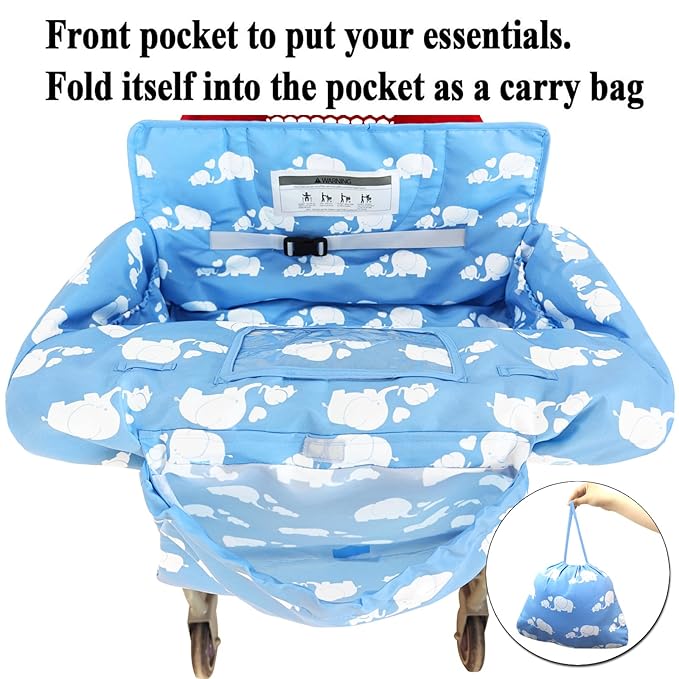 2-in-1 Shopping Cart and High Chair Cover for Baby, Padded Cover, Fold'n Roll Style, Portable with Carry Bag (Pink Elephant)