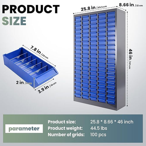 100 Drawers Nut and Bolt Organizer, 26x9x46 Stainless Steel Parts Cabinet with Shelfs & Labels Bolt Organizer for Workshop Tool & Hardware Storage and Organization (100 Drawers)