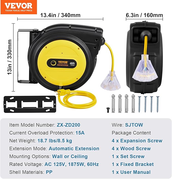 VEVOR Retractable Extension Cord Reel, 65 FT, Heavy Duty 12AWG/3C SJTOW Retractable Power Cord with Lighted Triple Tap Outlet, 15 Amp Circuit Breaker 180° Swivel Bracket for Ceiling or Wall Mount