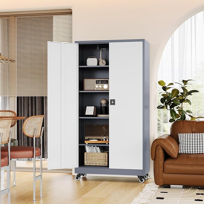 Metal Rolling Storage Cabinet-74.6” Tall Steel File Cabinets with Wheels Lockable Doors and Adjustable Shelves-Gray & White Steel Storage Cabinet for Home, School, Office, Garage