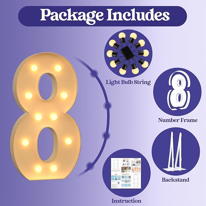 4FT Giant Marquee Light Up Numbers, Large Marquee Numbers for 8th 18th 80th Birthday Decorations, Pre-Cut DIY Mosaic for Balloons 8