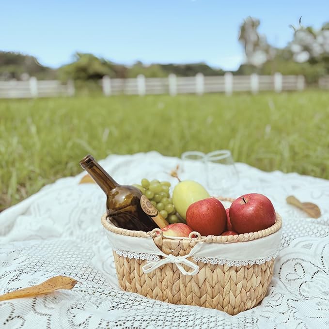 Wicker Basket with Handles and Lining, Handwoven Water Hyacinth Picnic Hamper, Oval Basket for Camping, Outdoor, Fruit, Wine, Thanksgiving day, Birthday, Easter, Gift, Home Decor