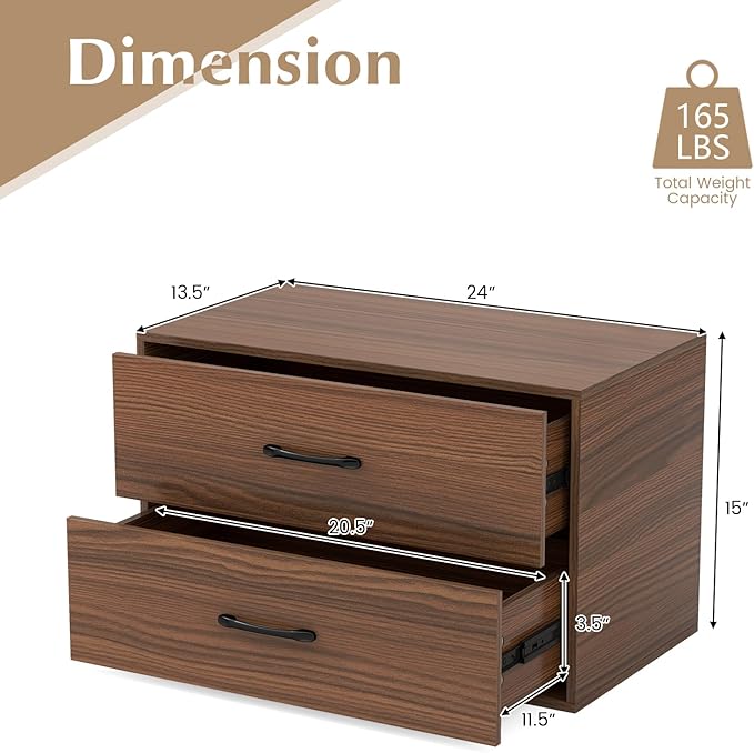 GOFLAME Stackable 2-Drawer Dresser Set of 2, Wood Horizontal Storage Organizer with Metal Handle & Smooth Sliders, Lateral File Cabinet with Anti-tilt Kit for Bedroom Office, Walnut