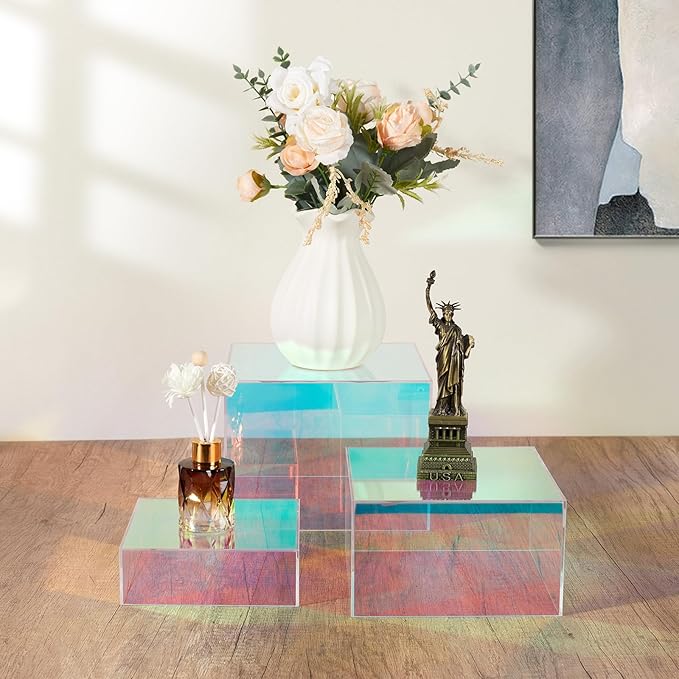 3Pcs Iridescent Display Risers, Rainbow Acrylic Risers Display Stand Acrylic Cube Box for Collectibles Jewelry Perfume Handbag Food Dessert Party Show (Iridescent-3pcs), Perfect for Christmas Decor