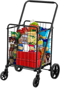 DWVO Utility Foldable Shopping Cart with Wheels, Large Portable Collapsible Rolling Grocery Cart with Reinforced Mesh Bottom for Laundry, Grocery, Luggage, Storage and Seniors, 220 lbs Capacity, Black