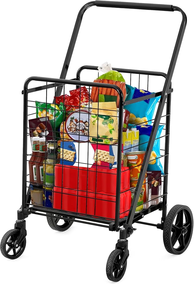 DWVO Utility Foldable Shopping Cart with Wheels, Large Portable Collapsible Rolling Grocery Cart with Reinforced Mesh Bottom for Laundry, Grocery, Luggage, Storage and Seniors, 220 lbs Capacity, Black