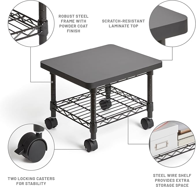 Safco Onyx Rolling Cart Printer Stand, Under-Desk Mobile Utility Table for Home Office with Steel Shelf, Black