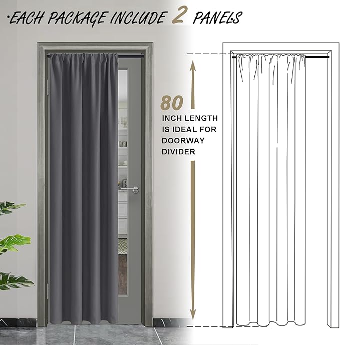 JIUZHEN Blackout Doorway Curtains 80 inch Length - 2 Panels Thermal Insulated Privacy Soundproof Rod Pocket Closet Door Curtains Room Divider for Bedroom,Office, 42 x 80 inches, Dark Grey