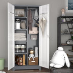 LUCYPAL Broom Storage Cabinet with Locking Doors and Shelves,Broom Closet Storage Cabinet with Hanging Rod and Hooks,Metal Garage Cabinets for Kitchen,Bathroom,Office 72.8" H White&Grey