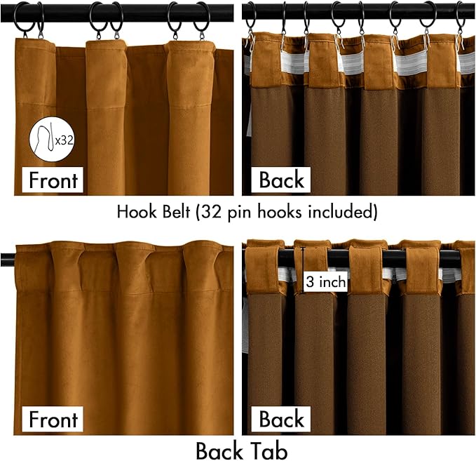 MIULEE Velvet Curtains 84 Inches Long 2 Panels Set for Bedroom, Pinch Pleat Back Tab Luxury Thermal Insulated Living Room Darkening Drapes Pleated Blackout Window Curtains with Hooks, Golden Brown