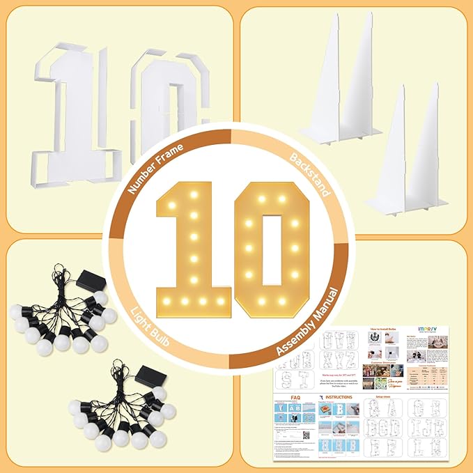 Imprsv 4FT Light Up Numbers, Marquee 10th Birthday Decorations for Girls Boys, Large Light Up 10th Birthday Women Foam Board Anniversary Party Decorations Arch Kit (DIY)
