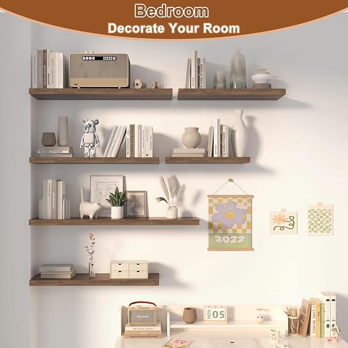 12 Inch Deep Floating Shelves for Wall 2 Pack Floating Shelfs Large Storage Space Wall Decor Display Shelf for Bathroom Living Room Bedroom Kitchen 48" W x 12" D x 1.2" H Rustic Brown