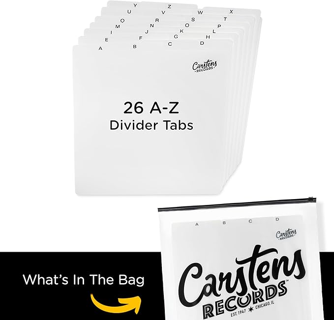 Carstens Records Heavy Duty Vinyl Album Dividers A-Z | 12" Organizers with Tabs | Pack of 26 White | Made in The USA | for Top Browsing