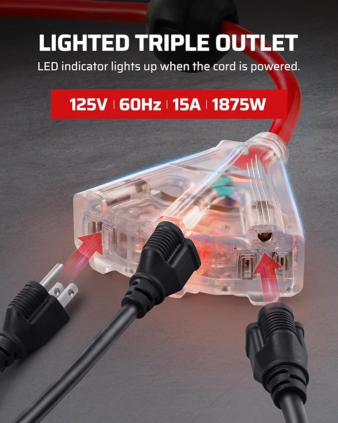 DEWENWILS Retractable Cord Reel, 60FT Heavy Duty Extension Cord, 12AWG/3C SJTOW, 3 Grounded Outlets Lighted Triple Tap, 15A Circuit Breaker, Wall/Ceiling Mounted for Garage, Workshop, UL Listed, Red