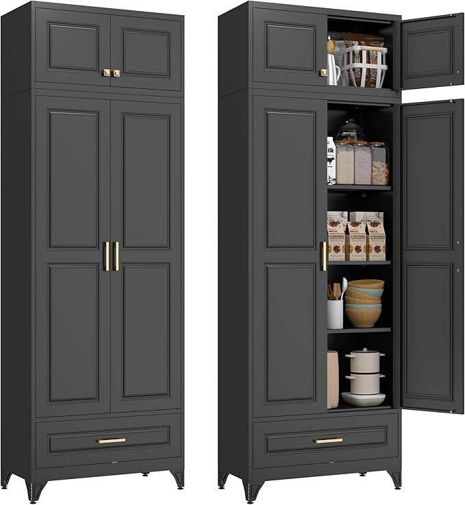 Kitchen Cabinet, 90" Tall Metal Storage Cabinet, Food Pantry cabinets with One Drawer, Black Pantry Cabinet for Dining, Living Room, 16" D x 32" W x 90" H, Assembly Required