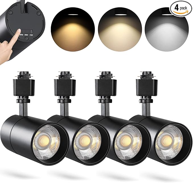VANoopee 3-Color 20W H Track Lighting Heads Dimmable No Flicker Bright LED Track Lighting Fixtures for Accent Task Retail Kitchen Ceiling Track Light H Type Pack of 4 - CRI90+ 36° 2000lm Black